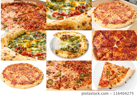 Pizza Filling Collage, Pepperoni Pizza with Different Tomatoes and Basil Sauce Closeup, Traditional Italian Flatbread Pizza Filling Collage, Pepperoni Pizza with Different Tomatoes and Basil Sauce Closeup, Traditional Italian Flatbread 116404275