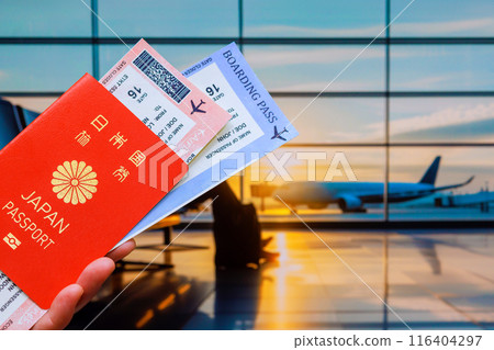 Japanese yen banknotes, Japan passport, tickets for an upcoming flight are in possession of passenger Japanese yen banknotes, Japan passport, tickets for an upcoming flight are in possession of passenger 116404297