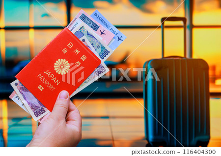 Passenger possession are Japanese yen banknotes, Japan passport, tickets for flight in airport terminal Passenger possession are Japanese yen banknotes, Japan passport, tickets for flight in airport terminal 116404300