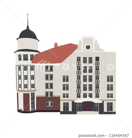 Authentic european historical buildings. German old architecture style. Cute colorful brick houses. Vector line color illustration. Authentic european historical buildings. German old architecture style. Cute colorful brick houses. Vector line color illustration. 116404307