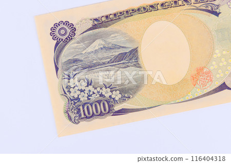 Japanese yen currency banknotes are issued by Nippon Ginko Japan National Bank in denominations of one thousand back view 116404318