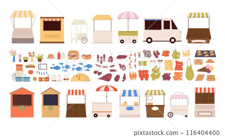 Market stalls. Fresh food fish meat products flowers vegetables and fruits. Christmas fair elements, gift boxes burger hot dog, flat farm stands vector big set 116404400