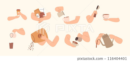 Hand with coffee cups and makers. Pour grains and cocoa beans, milk jug with cream. Espresso americano cappuccino latte, drinks in hands vector clipart Hand with coffee cups and makers. Pour grains and cocoa beans, milk jug with cream. Espresso americano cappuccino latte, drinks in hands vector clipart 116404401