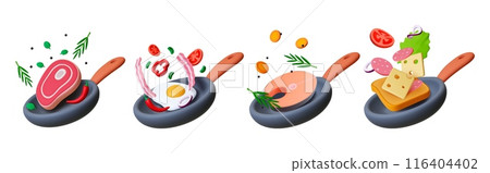Frying pan 3d element. Fry meat fish eggs and toast. Cooking breakfast lunch or dinner. Salmon steak, bread with cheese and vegetables, render vector objects Frying pan 3d element. Fry meat fish eggs and toast. Cooking breakfast lunch or dinner. Salmon steak, bread with cheese and vegetables, render vector objects 116404402