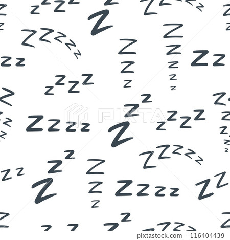 Sleep zzz seamless pattern. Signs of sleep and snoring, nap sound comic text effects. Doodle sleeping print design for fabric or wrap, neoteric vector background 116404439