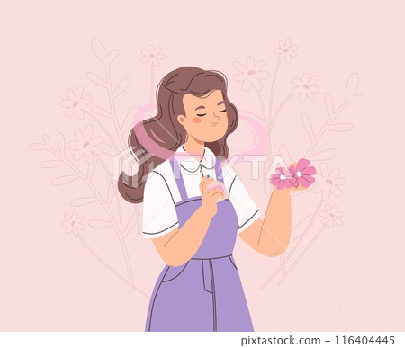Girl testing new aroma. Young lady with perfume bottle and flowers. Female like fragrance, spring smell for woman. Beauty cosmetics vector concept 116404445