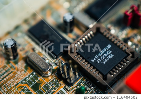 Closeup circuit board with electronic components 116404502
