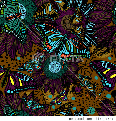 Beautiful brown and blue graphic floral seamless abstraction with butterflies and flowers. Not AI. Vector illustration Beautiful brown and blue graphic floral seamless abstraction with butterflies and flowers. Not AI. Vector illustration 116404584