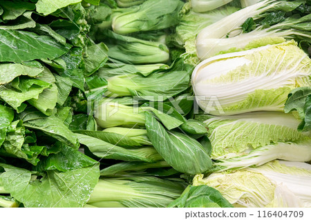 fresh green leafy vegetables, including bok choy and napa cabbage, neatly arranged in a produce section 116404709