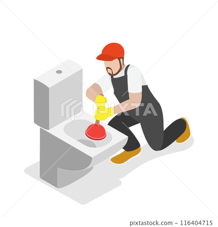 3D Isometric Flat  Illustration of Plumber , Unclogging DDirty Water Pipe 116404715