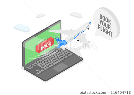 3D Isometric Flat  Illustration of Flight Tickets Online Booking Service, Airline Traveling 116404718