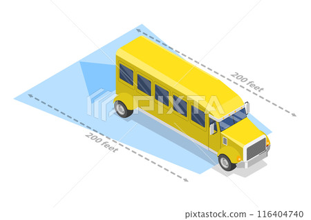 3D Isometric Flat  Illustration of School Bus Blind Spot Area, Safe Driving Tips 116404740