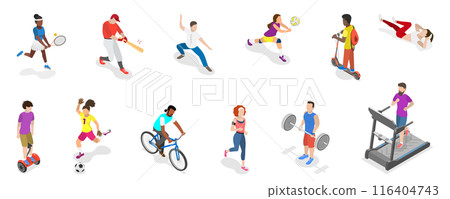 3D Isometric Flat Set of Different Physical Activities, Healthy Activity and Lifestyle 3D Isometric Flat Set of Different Physical Activities, Healthy Activity and Lifestyle 116404743