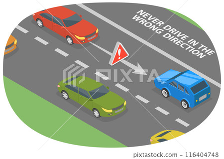 3D Isometric Flat  Illustration of Driving in the Wrong Direction on the Road, Safety Drive 116404748