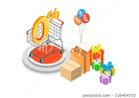 3D Isometric Flat  Illustration of 0 percent Interest Fee, Zero Percent Special Offer 116404755