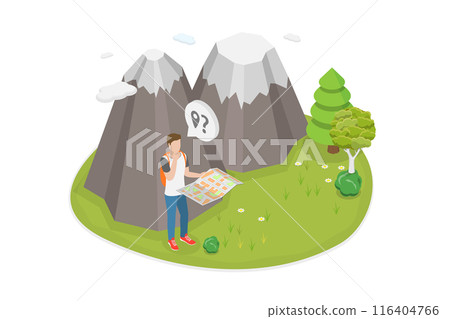 3D Isometric Flat Illustration of Being Lost Outdoors, Dangerous Circumstances 3D Isometric Flat Illustration of Being Lost Outdoors, Dangerous Circumstances 116404766