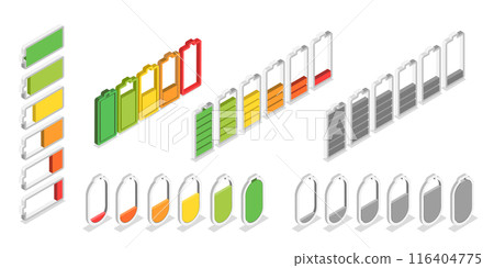 3D Isometric Flat  Set of Charging Level Batteries, Charge Indicator 116404775