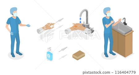 3D Isometric Flat Illustration of Surgical Hand Scrubbing, Washing Hands 3D Isometric Flat Illustration of Surgical Hand Scrubbing, Washing Hands 116404779