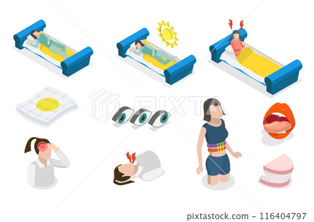 3D Isometric Flat  Illustration of Sleep Disorders, Sleeplessness or Insomnia 116404797
