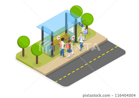 3D Isometric Flat Illustration of Happy Students Waiting a Bus, Urban School Commuting for Kids 3D Isometric Flat Illustration of Happy Students Waiting a Bus, Urban School Commuting for Kids 116404804