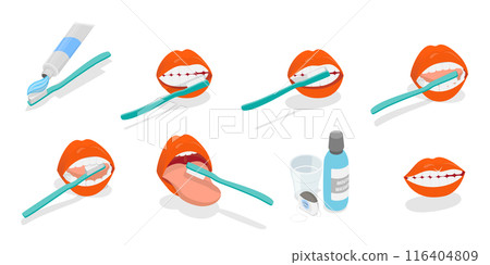 3D Isometric Flat  Illustration of Teeth Cleaning , Oral Hygiene 116404809