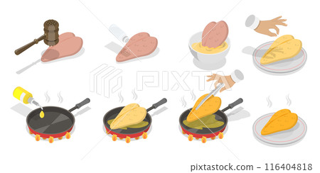 3D Isometric Flat Illustration of How To Prepare Chicken Schnitzel, Homemade Food Recipe 3D Isometric Flat Illustration of How To Prepare Chicken Schnitzel, Homemade Food Recipe 116404818
