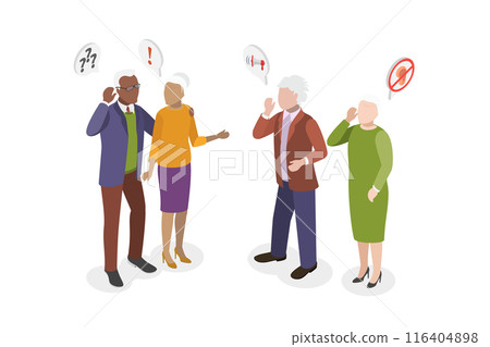 3D Isometric Flat  Illustration of Hearing Disease, Senior Characters with Disability 116404898