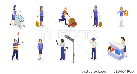 3D Isometric Flat  Set of Airport Staff, Group of Airline Employees 116404900