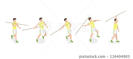 3D Isometric Flat Set of a Character Javeling Throwing, Sports Activity 3D Isometric Flat Set of a Character Javeling Throwing, Sports Activity 116404903