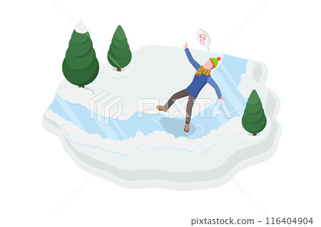 3D Isometric Flat  Illustration of Winter Weather Problems, Dangerous Icy or Slippery Surface 116404904