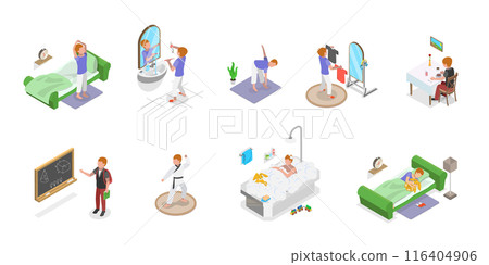 3D Isometric Flat  Illustration of Schoolchild Daily Routine, A Kid Life with Everyday Activities 116404906