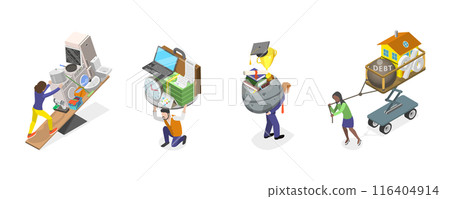 3D Isometric Flat  Set of Tired People, Pressure of Difficulties and Hardships 116404914