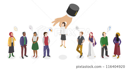 3D Isometric Flat  Illustration of Search Employer, Choosing a Professional Experienced Candidate Job Vacancy 116404920