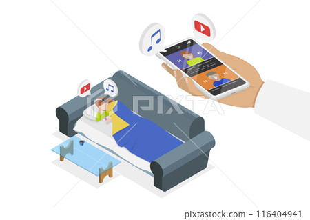 3D Isometric Flat  Illustration of Mobile Phone Podcast , Relax at Home 116404941