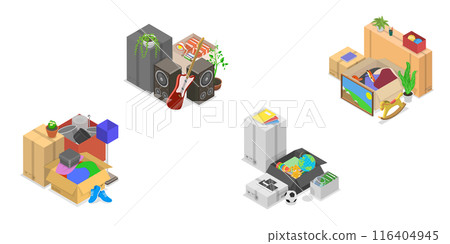 3D Isometric Flat  Set of Stuff For Moving, Boxes Packed with Belongings 116404945