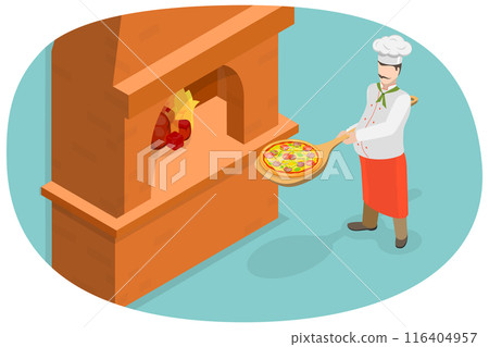 3D Isometric Flat  Illustration of Stone Oven Pizza, Professional Bakery 116404957