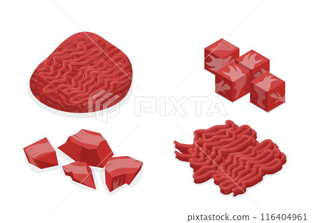 3D Isometric Flat  Set of Stuffing Meat Products, Fresh Meat Cuts 116404961