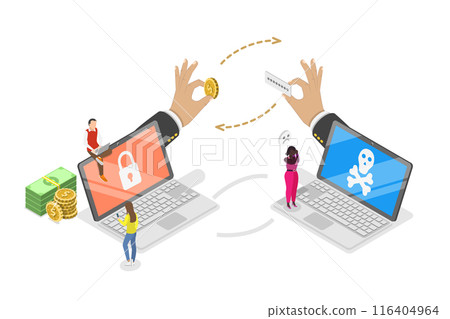 3D Isometric Flat  Illustration of Ransomware Data Leaking, Cyber Criminal Stealing Personal Data 116404964