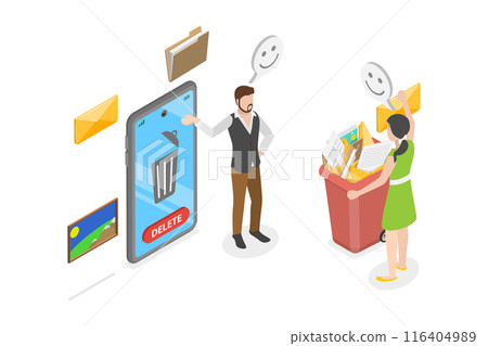 3D Isometric Flat Illustration of Cleaning Mobile Phone, Message Trash 3D Isometric Flat Illustration of Cleaning Mobile Phone, Message Trash 116404989