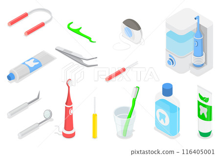 3D Isometric Flat  Illustration of Tooth Cleaning Tools, Dental Hygiene, Oral Care 116405001