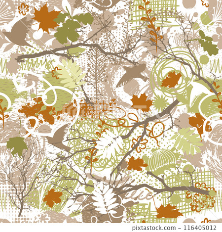 Autumn seamless abstract background with leaves and birds. hand drawing. Not AI Vector 116405012