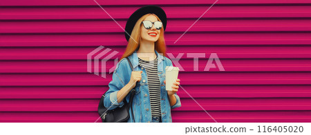 Portrait stylish happy young woman with coffee, modern girl in hat, glasses on pink background Portrait stylish happy young woman with coffee, modern girl in hat, glasses on pink background 116405020