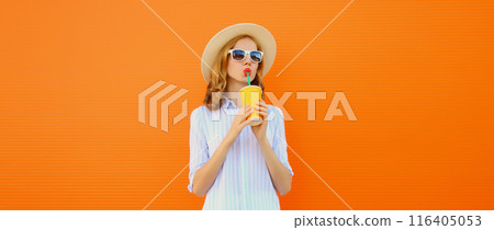 Summer vacation, beautiful modern young woman with cup of coffee, tourist girl drinking fresh juice 116405053