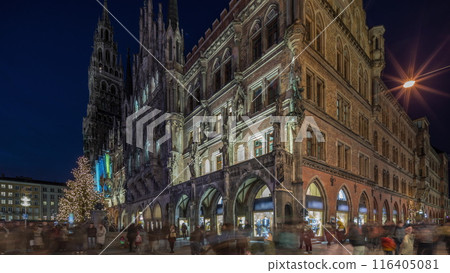 Main facade of the New Town Hall building at the northern part of Marienplatz day to night timelapse in Munich, Germany. Main facade of the New Town Hall building at the northern part of Marienplatz day to night timelapse in Munich, Germany. 116405081