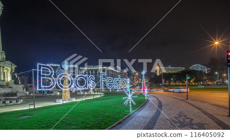 Panorama showing the Marques de Pombal square with monument and Christmas lights night timelapse. Lisbon, Portugal Panorama showing the Marques de Pombal square with monument and Christmas lights night timelapse. Lisbon, Portugal 116405092