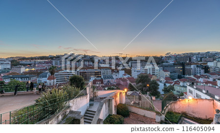 Panorama showing Jardim do Torel day to night timelapse with views to the city center of Lisbon after sunset. Portugal 116405094