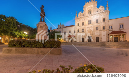 Panorama showing Sa da Bandeira Square with a view of the Santarem See Cathedral day to night timelapse. Portugal 116405098