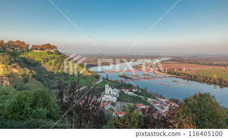 Panorama showing the Castle of Almourol on hill in Santarem aerial timelapse. Portugal Panorama showing the Castle of Almourol on hill in Santarem aerial timelapse. Portugal 116405100