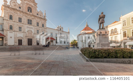 Panorama showing Sa da Bandeira Square with a view of the Santarem See Cathedral timelapse. Portugal 116405101