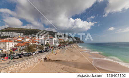 Panorama showing aerial view of Sesimbra Town and seaside timelapse, Portugal. 116405102